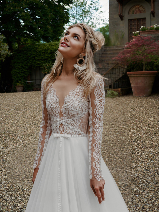 Delicate Lace Wedding Dress with Illusion Sleeves 11452