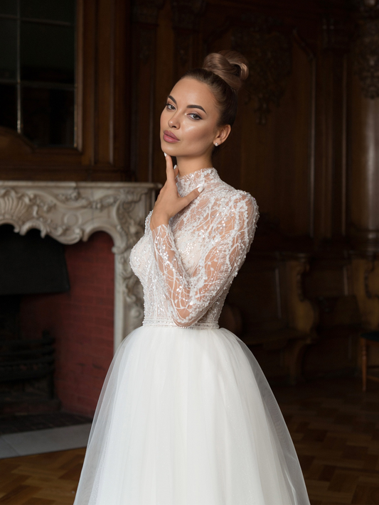 High Neck Illusion Wedding Gown 17345