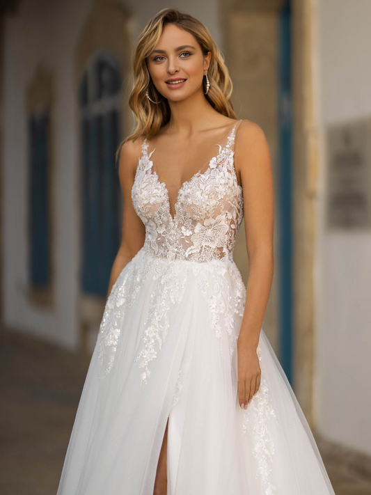 High Slit Lace and Tulle Wedding Dress 10304