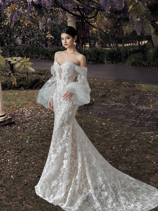 Exquisite Trumpet Wedding Gown with Detachable Tulle Balloon Sleeves 11532