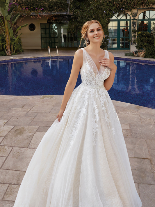 Elegant Lace Wedding Dress with Crystal Belt 12983