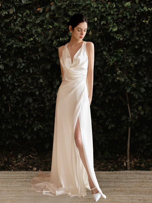 Plunging Neckline Open Back High Slit Wedding Dress 10347