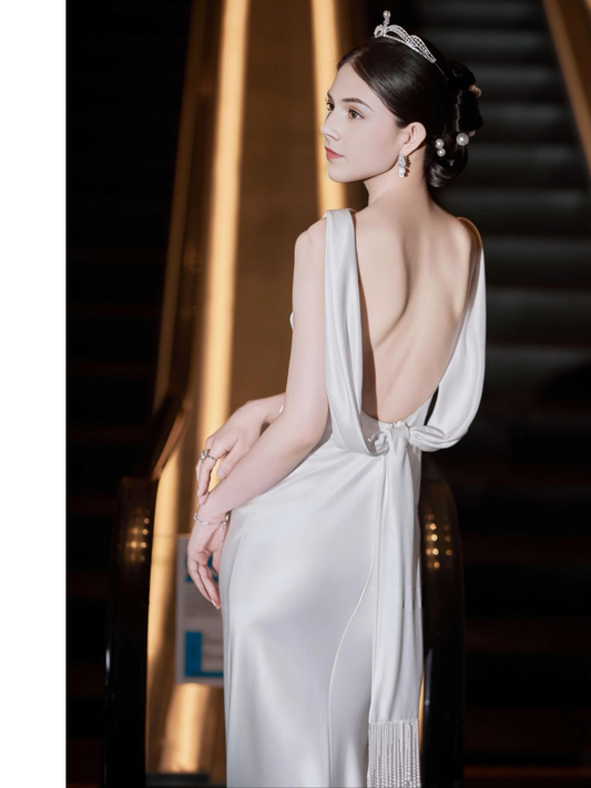 Mininalist Elegant Satin Low Back Wedding Dress 10121