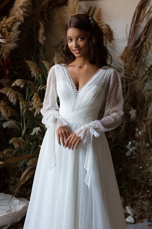 Long Sleeves Dotted Tulle Wedding Dress 10381